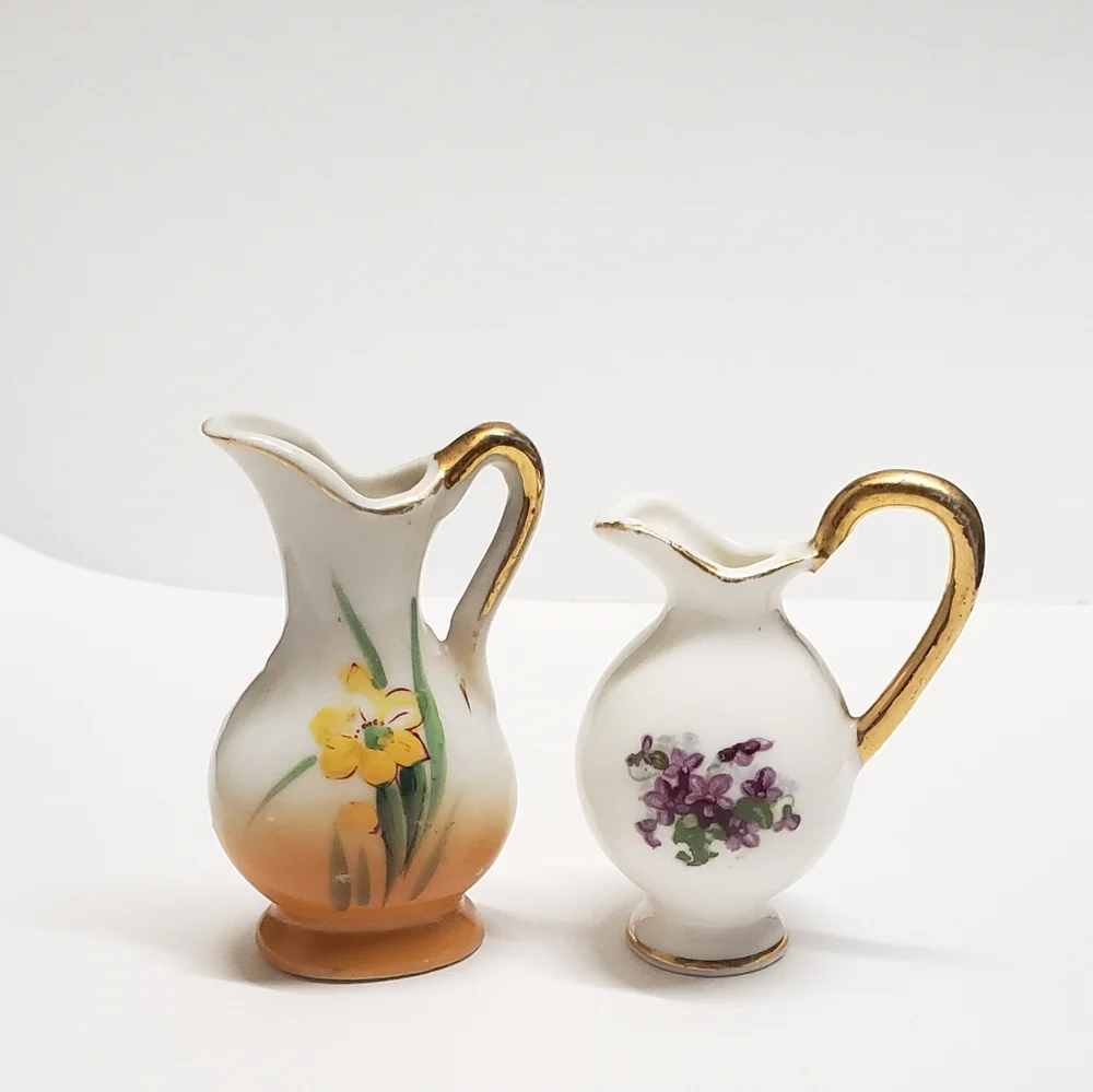 2 Vintage Mini Hand Painted Flower Creamer Vases, Made in Japan & Bone China